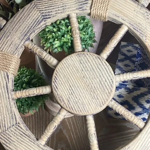 NEW!  Rustic Wood & Jute Accented Captain Ship Boat Wheel Coastal Beach Decor - Picture 5 of 8